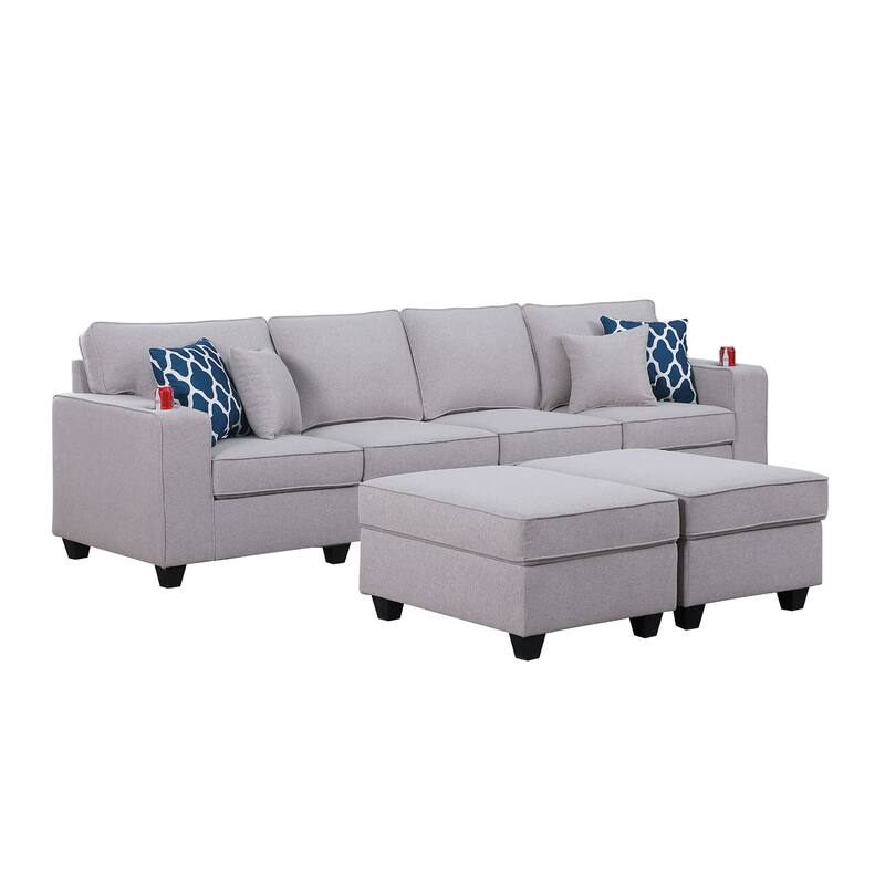 Linen Upholstered 4-Seater Sofa with 2 Ottomans in in Light Gray