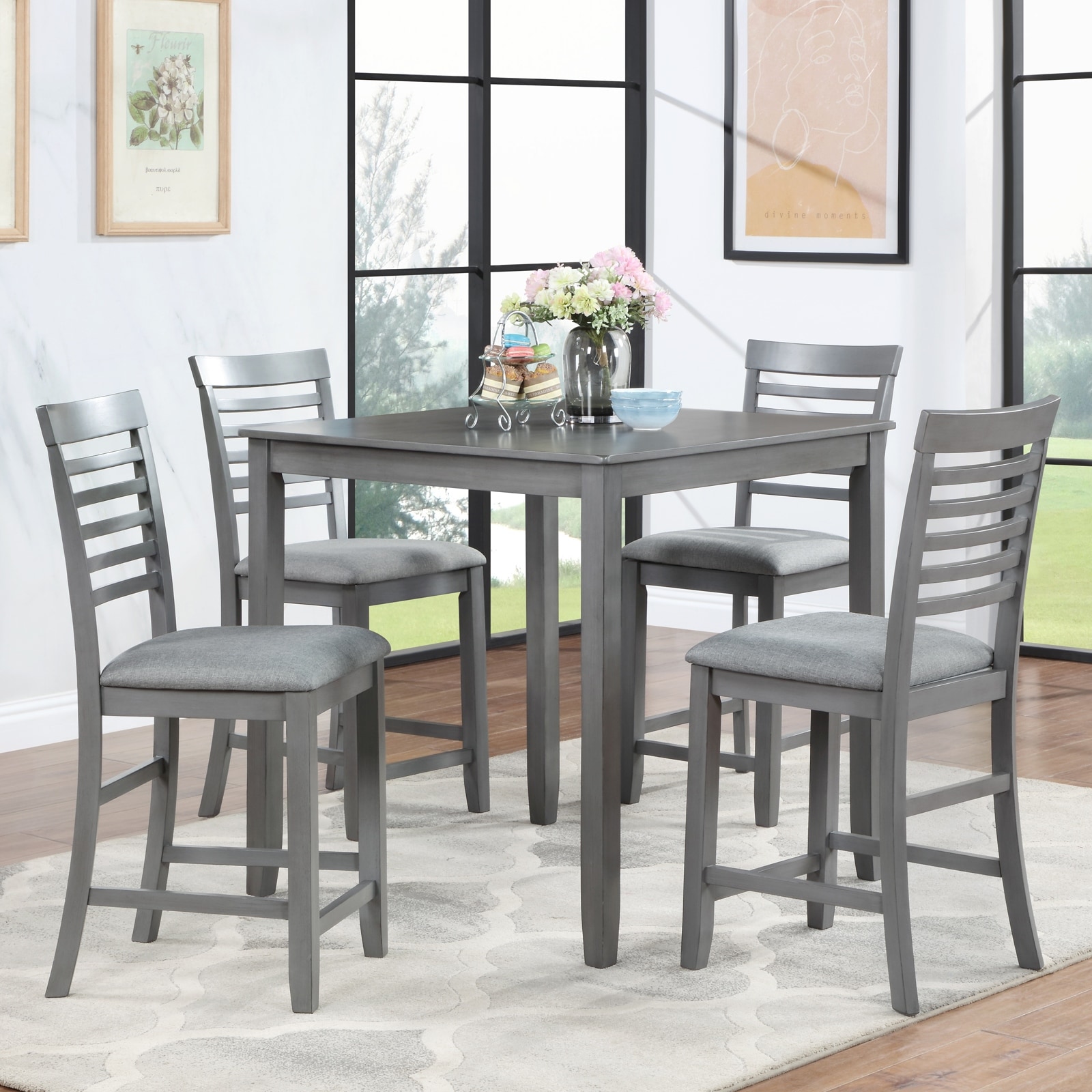 GDFStudio - Gray Modern Upholstered Wooden Counter Height 5-Piece Dining Table Set