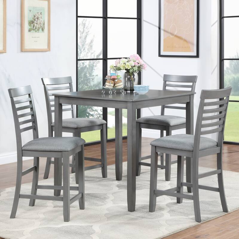 Modern Style 5-Piece Dining Set with Square Counter Height Table and 4 Ladder Back Dining Chairs - Gray