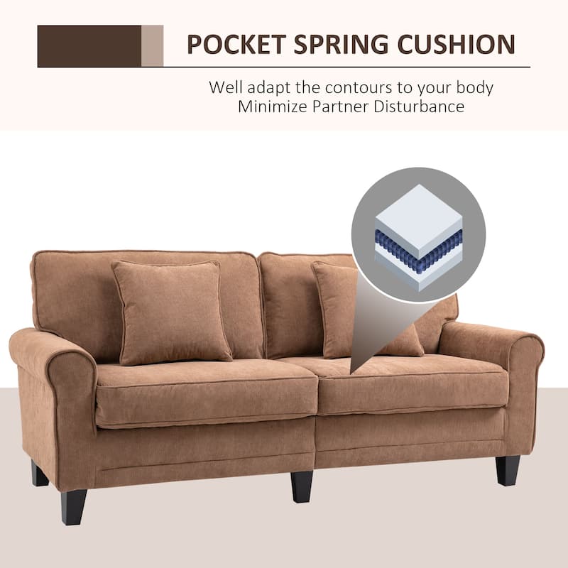 HOMCOM Modern Classic 3-Seater Sofa Corduroy Fabric Couch with Pine Wood Legs, Rolled Arms for Living Room, Light Brown