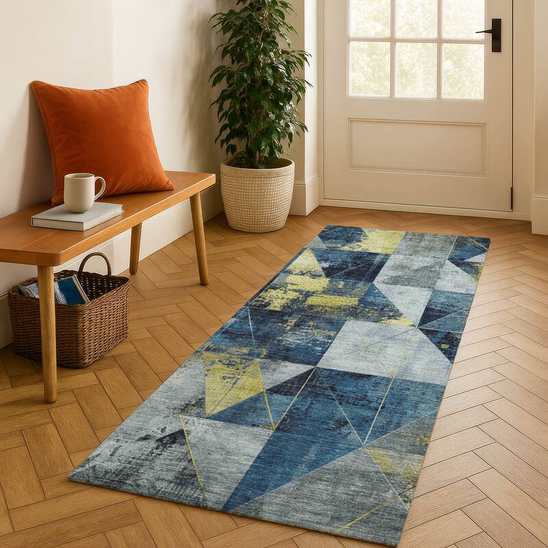 Premium Washable Super Soft Contemporary Mosaic Mayfield Rug - Navy - 2'3" x 7'6"