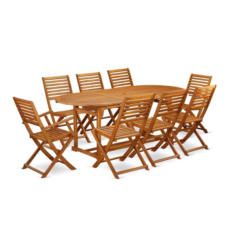 HomeStock 9-Piece Natural Oak Finish Solid Wood Top Dining Table with 8 Chairs with Lattice Back