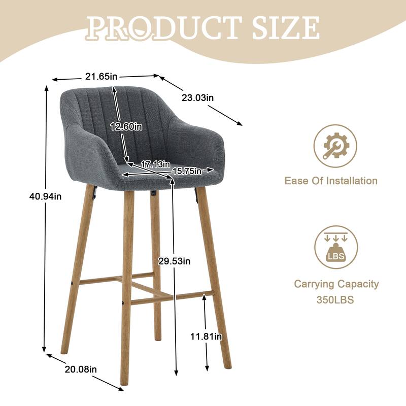 Modern Bar Stools Set of 2, Kitchen Island Tall Chairs with Back, Arm, Footrest and Solid Wood Leg, Upholstered Bar Stools