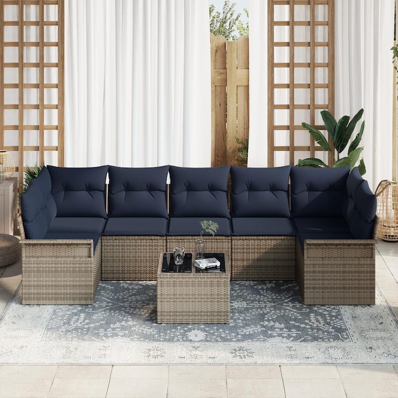 vidaXL 8-Seater Garden Sofa with Cushions Black/Brown/Grey Poly Rattan - 52.2 x 113.8 x 27.2