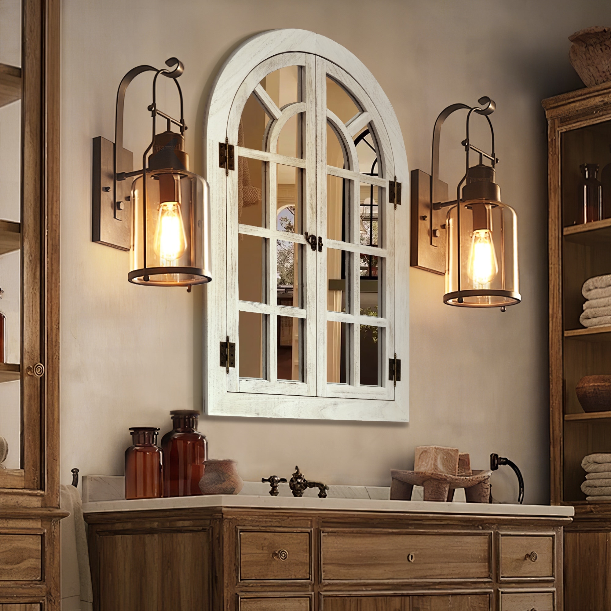 Vintage Wood Windowpane Arched Wall Mirror