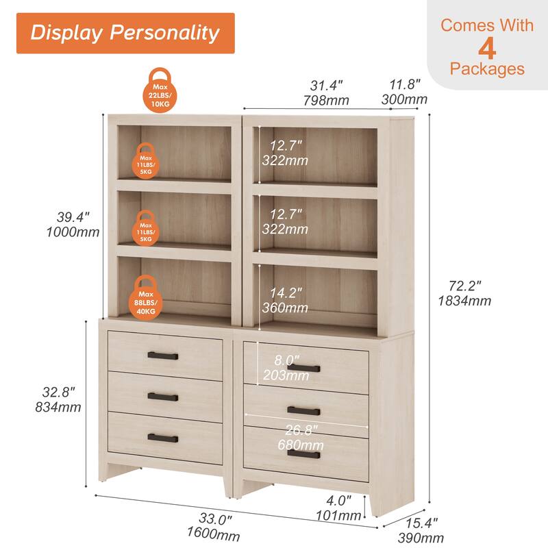 3-Tier Bookshelf with 3 Large Drawers, 74" Tall Farmhouse Bookcase with Wide Metal Handles, for Living Room, Office, Library