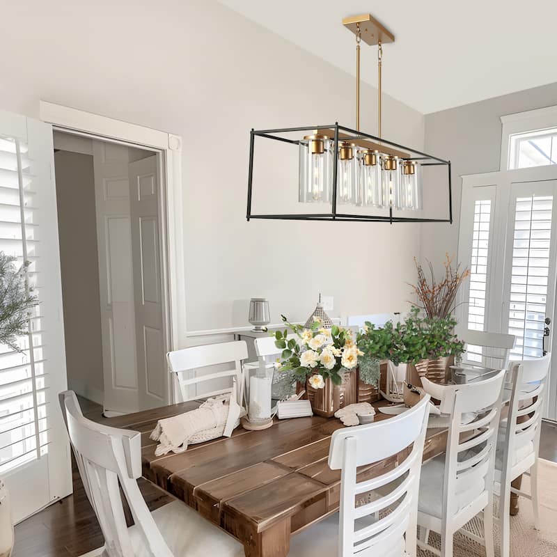 Modern Farmhouse Black Gold 5-Light Linear Cage Chandelier with Cylinder Glass - 49.2"W x 12.6"D x 27"-76.6"H
