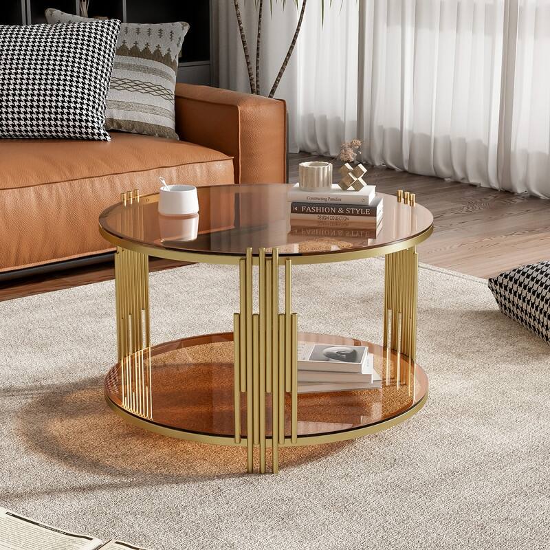 Modern Brown Glass Coffee Table, Asymmetrical Metal, Circular Metal Drum Base, Gold Finish & Lower Shelf