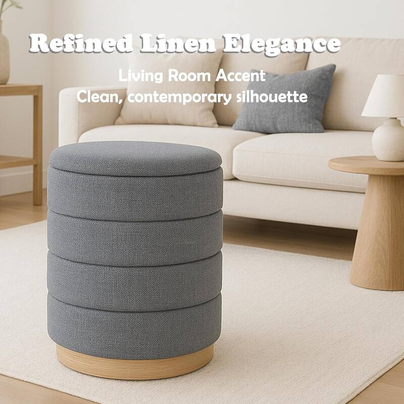 Modern Cylinder Ottoman with Hidden Storage Linen Upholstery Seat
