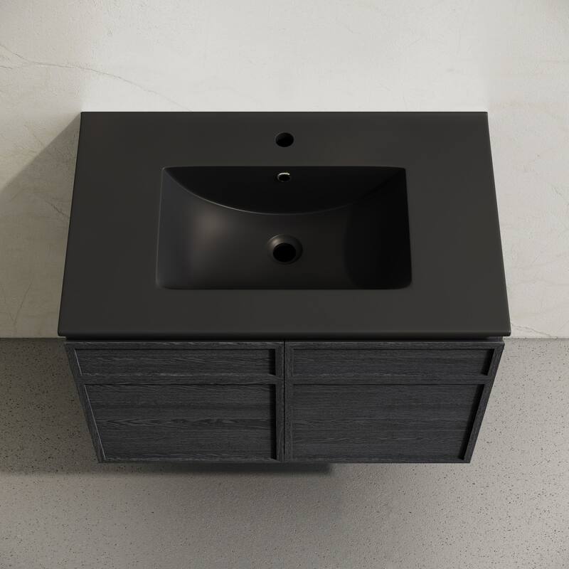 St. Tropez 30" Wall-Mounted Bathroom Vanity In Black Oak With Black Sink Top - 30