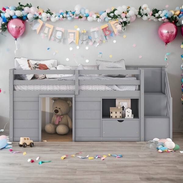 slide 2 of 11, Multiple Functional Twin Size Low Loft Bed With Drawers And Large Storage Space Grey