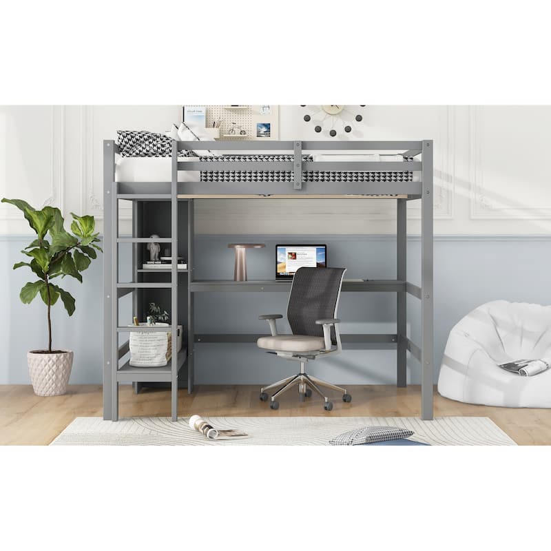 Full Size Pinewood Loft Bed with Under-Bed Desk and Multifunction Shelves