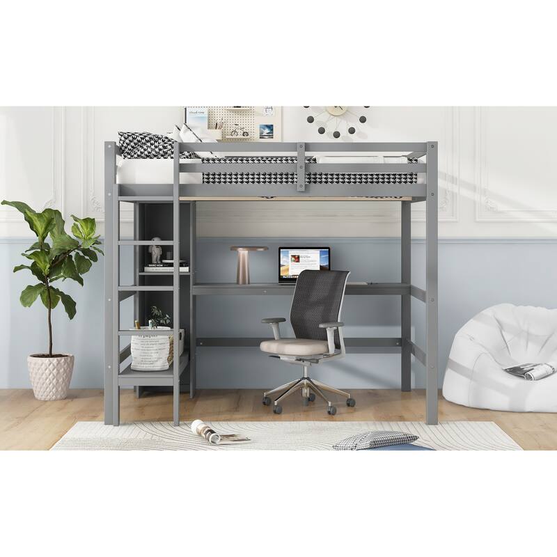 Wood Loft Bed w/Slats Support, Full Size Bed Frame with Multifunction Shelves, Full-length Guardrail and Under-bed Desk