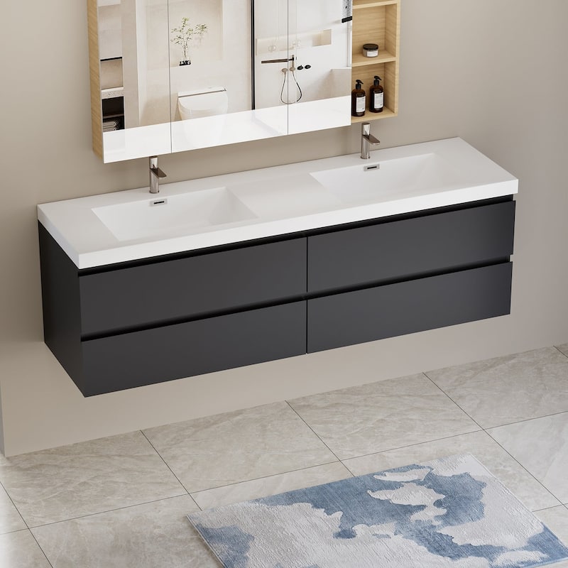 MDF Wall-Mounted Bathroom Vanity Set in Black with Integrated Culture Marble Sink