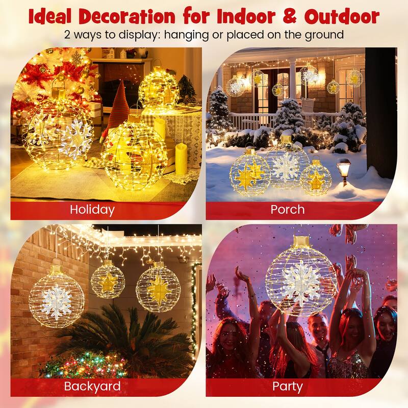 Gymax 3 PCS Pre-Lit Lantern Balls w/ 732 Bright LED Lights Zip Ties & - Gold - See Details