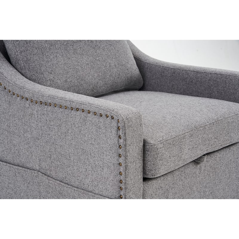 Linen Upholstered Swivel Accent Chair, Ergonomic Single Sofa Chair, Lounge Reading Chair with Nailhead Decor & Metal Base