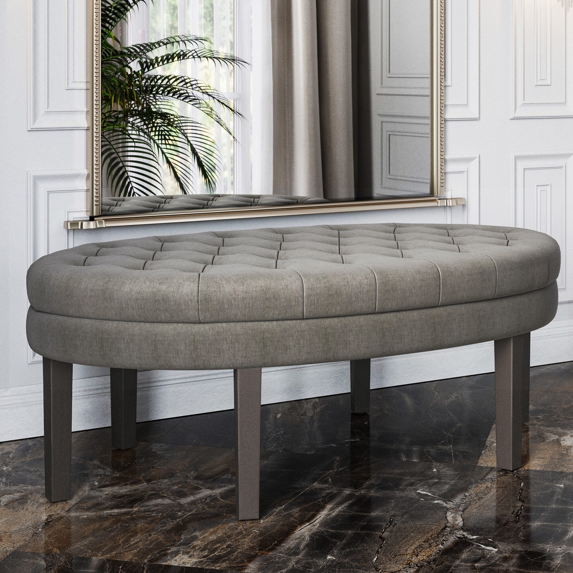 BELLEZE Tristar Oval Tufted Ottoman Linen Footrest Bench 4 Colors
