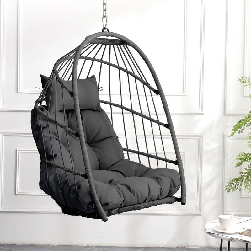 Outdoor Garden Rattan Egg Swing Chair Hanging Chair PE Hanging Chair - Gray+Gray