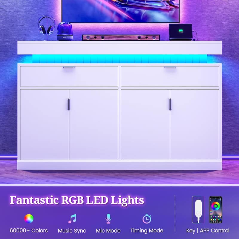 Buffet Sideboard Cabinet with LED Light and Charging Station Credenza