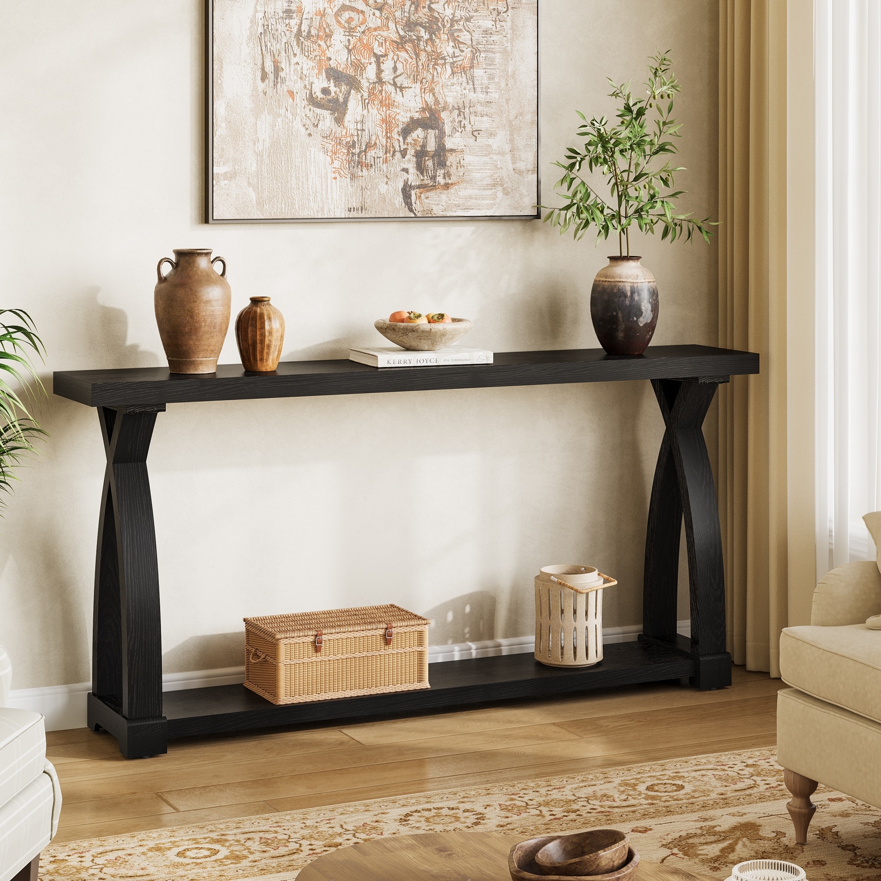 63'' Farmhouse Solid Wood Narrow Long Sofa Table with 2-Tier Shelves