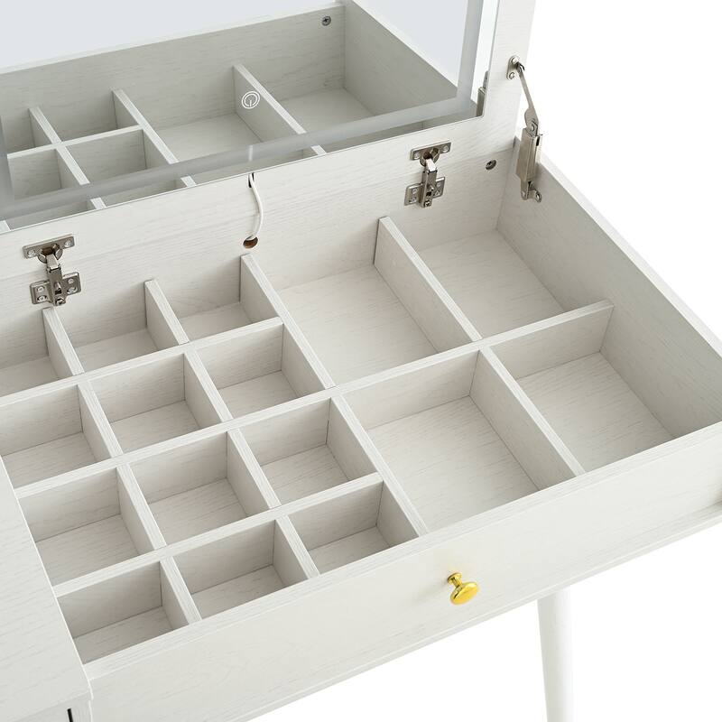 3-in-1 Vanity Desk with Lighted Flip-Top Mirror & Retractable Side Cabinet, Vanity Set with Stool & Storage Drawers