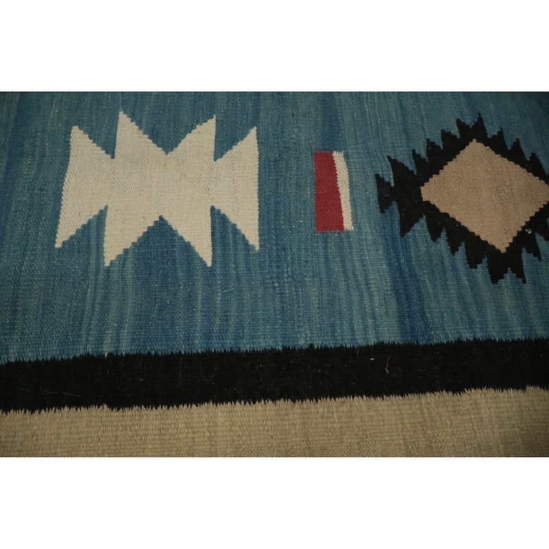 Hand Woven Oriental 100% Wool Carpet Southwestern Tribal Navy Blue & Blues Kilim Area Rug - 11' 11'' X 8' 11''
