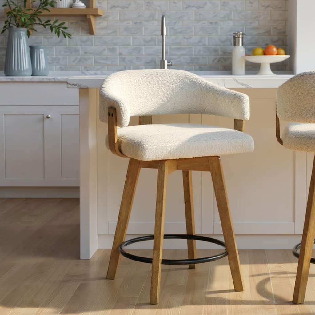 Callah Natural Wood Bar Stool, Counter Height Kitchen Stool in Amber Glow Finish with White Boucle Fabric Upholstered Seat