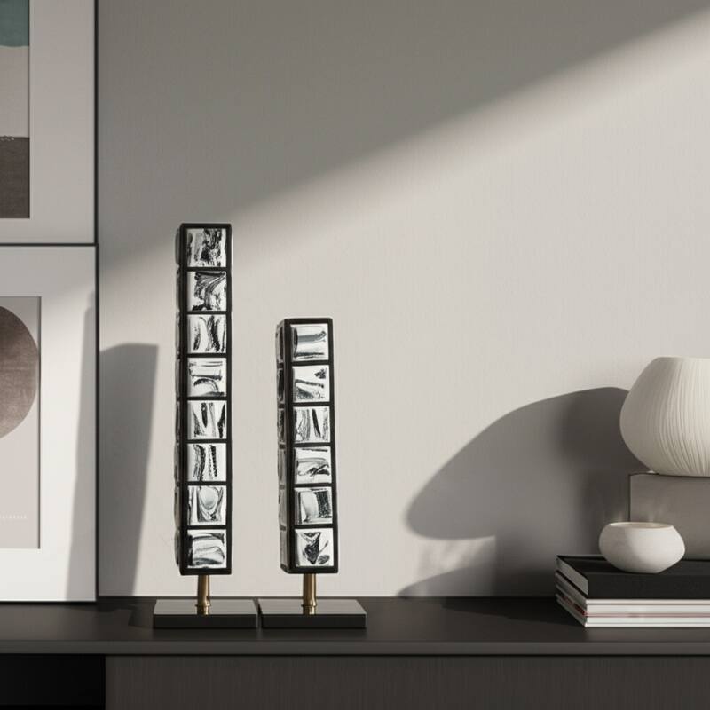 Resin Geometric Column Sculptures with Rectangle Base (Set of 2) - 6" x 6" x 21"