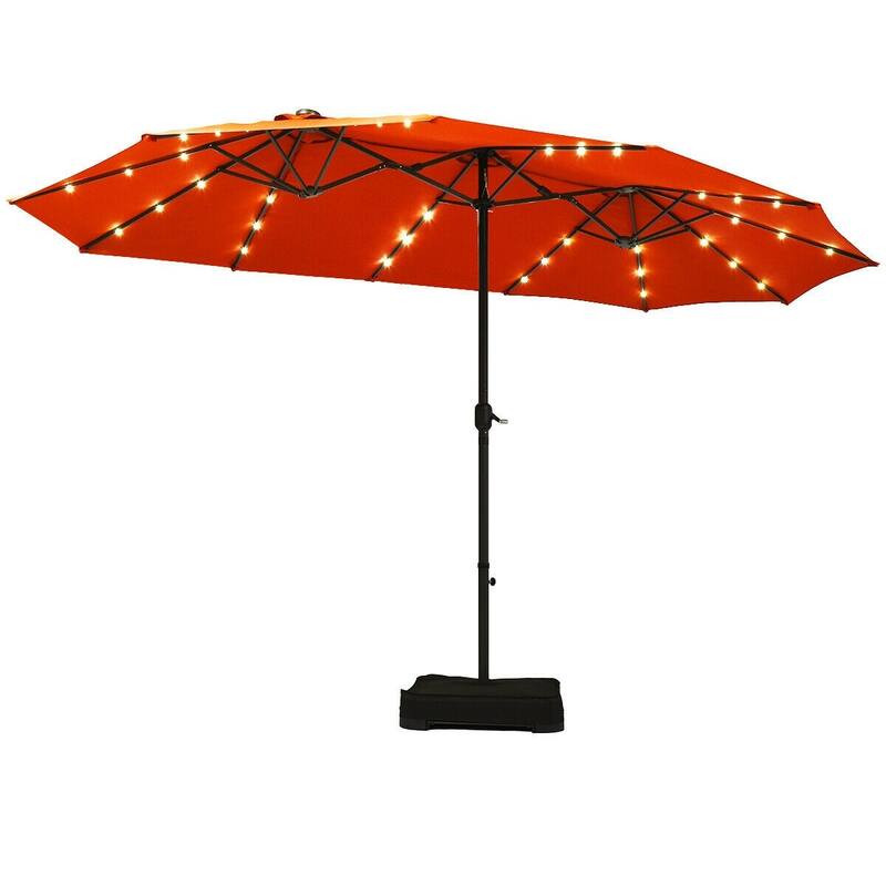 15 Ft Solar LED Patio Double-sided Umbrella Market Umbrella with Weight Base - 15' x 8' (W x H) - Orange