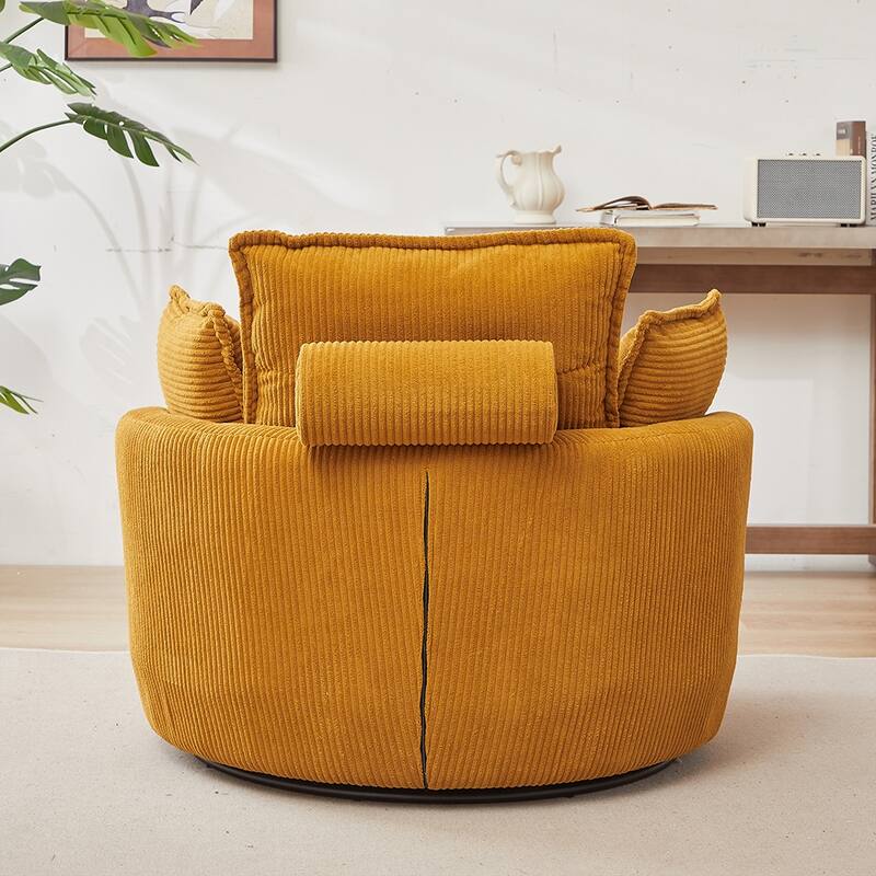 38"W Oversized Round Swivel Barrel Chair with moon storage ottoman and 4 Pillows