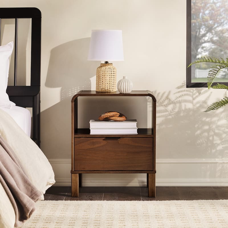 Modern Curved-Top Solid Wood Nightstand with Drawer and Open Storage - Brown