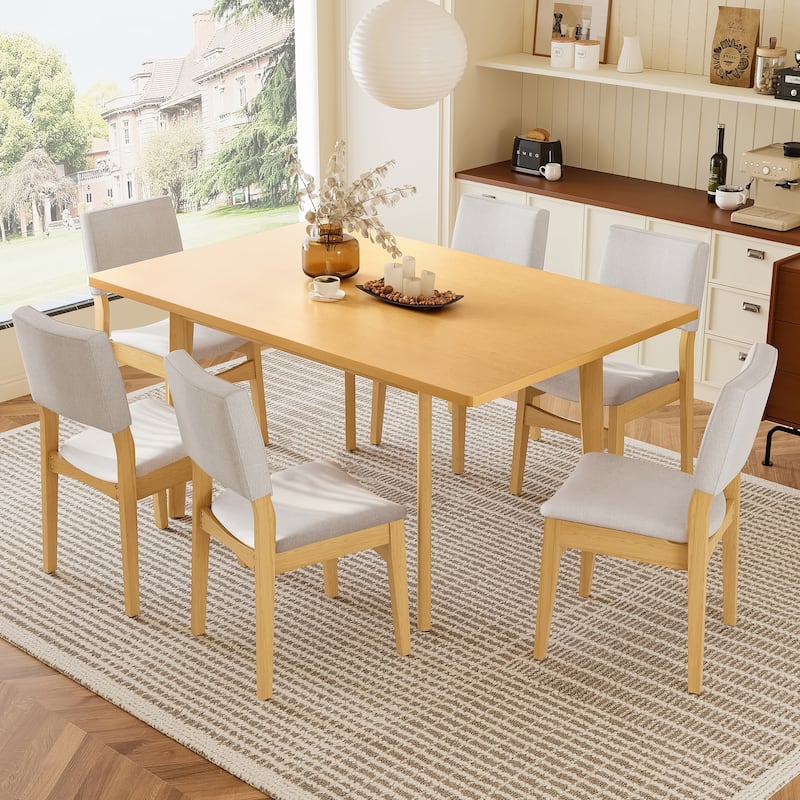 7-Piece Modern Dining Set: Rectangular Solid Wood Table & 6 Upholstered Linen Chairs, Dining Room Set - Brown