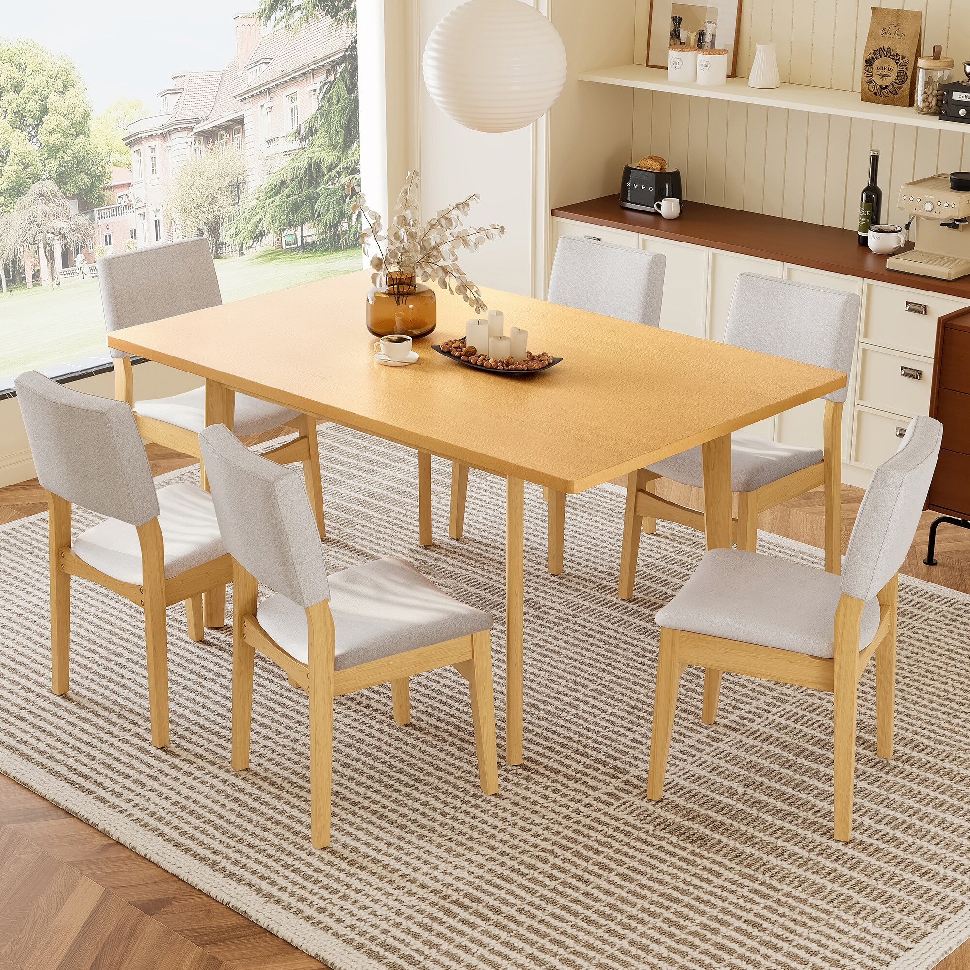 7-Piece Modern Dining Set: Rectangular Solid Wood Table & 6