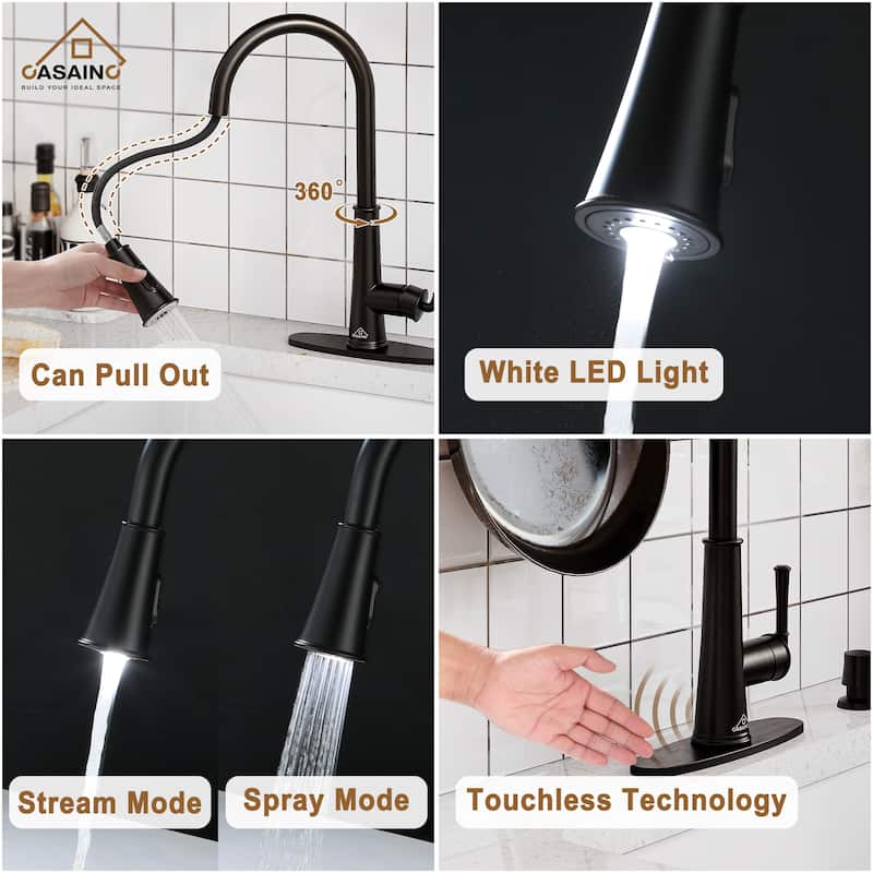 Stainless Steel 33 Single Bowl Drop-In Kitchen Sink with LED and Infrared Sensor Pull Down Kitchen Faucet