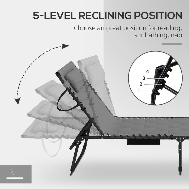 Folding Tanning Chair Set of 2, Outdoor Recliner Lounge Chairs with Pillow, Storage Pocket & Adjustable Backrest