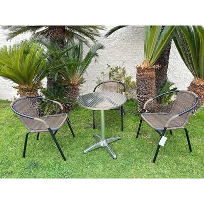 BTEXPERT Indoor Outdoor 23.75" Round Restaurant Table Steel Aluminum + 3 Brown Restaurant Rattan Stack Chairs