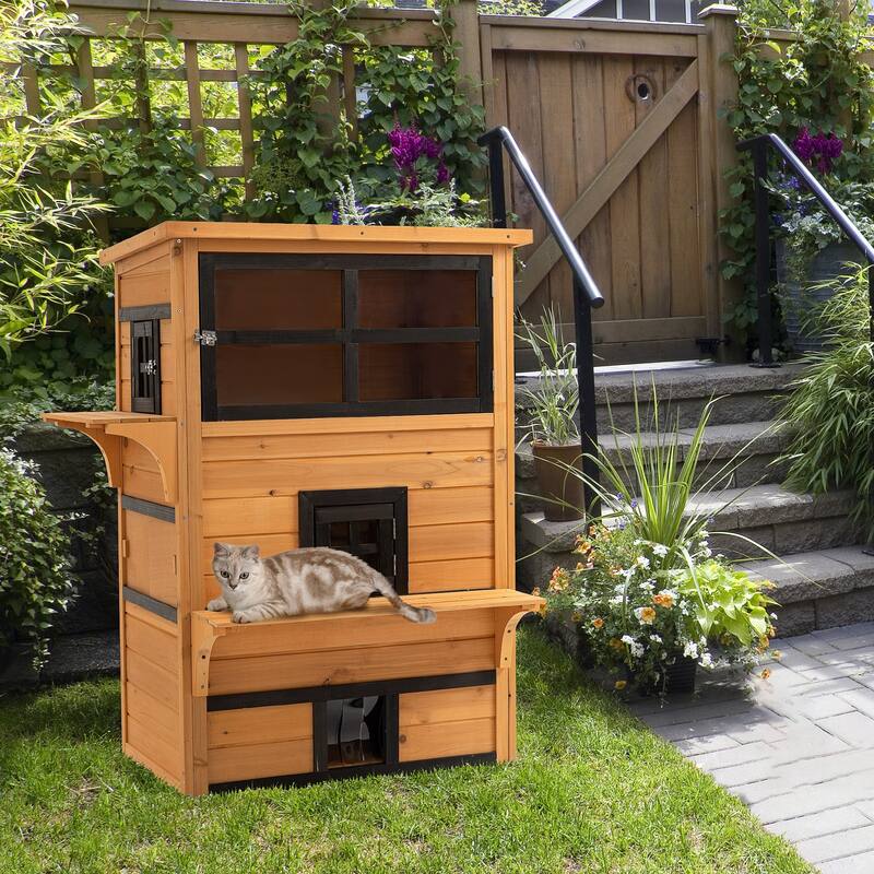 PawHut 3-Story Cat House Feral Cat Shelter, Outdoor Kitten Condo with Raised Floor - Yellow