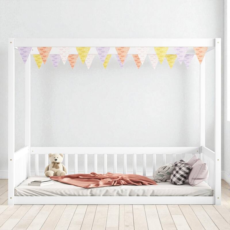 Full Size Wooden Canopy Floor Bed with Guardrails and Fence, Rubber Wood Frame, Kids Montessori Bed