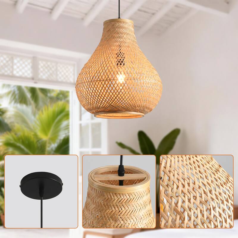 15" Natural Farmhouse Vase Shape Handwoven Rattan Caged Pendant Light - 14.96" D x 14.96" W x 62.99 " H