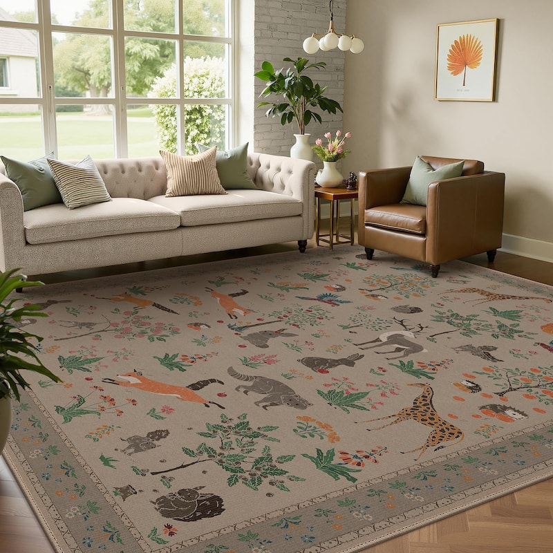 Mcow Woodland Friends Animal Print Low-Pile Machine-Washable Area Rug - Light Taupe - 5' x 7' - Rectangle