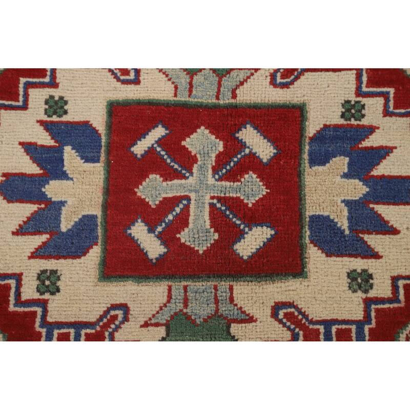 Red Geometric Kazak Area Rug Hand-Knotted Wool Carpet - 6'9" x 9'8"