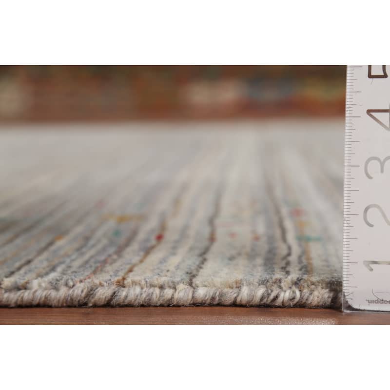 Striped Gabbeh Square Rug Hand-Knotted Gray Wool Carpet - 7'11"x 7'11"