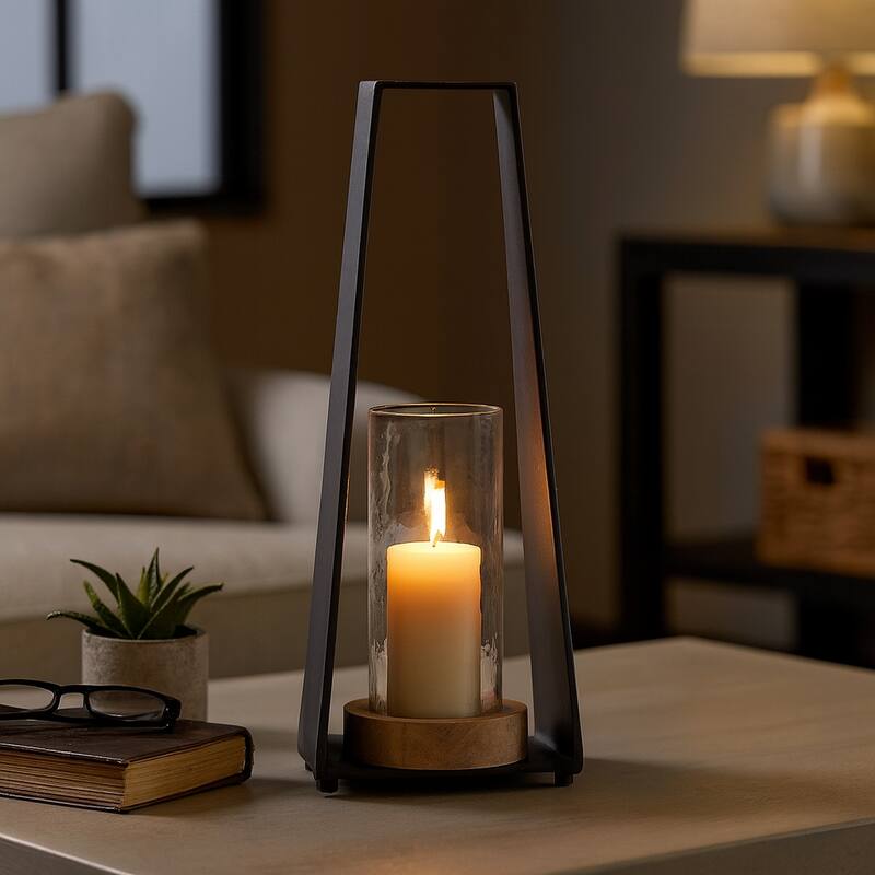 Candle Holder - Black Metal Glass Pillar Hurricane