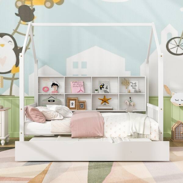 slide 2 of 17, Playhouse Design Wooden Full Size House Bed with Trundle Bed, Kids Bed with Storage Shelf White