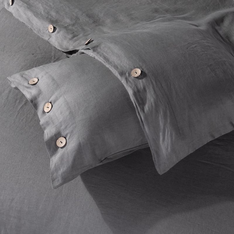 WHOLINENS Stone Washed French Linen Duvet Set 3Pcs Coconut Shell Button Closure