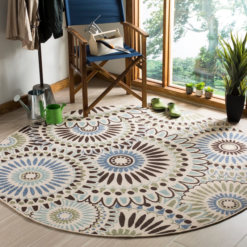 SAFAVIEH Veranda Sissy Indoor/ Outdoor Waterproof Patio Backyard Rug - 8' x 8' Round - Cream/Blue