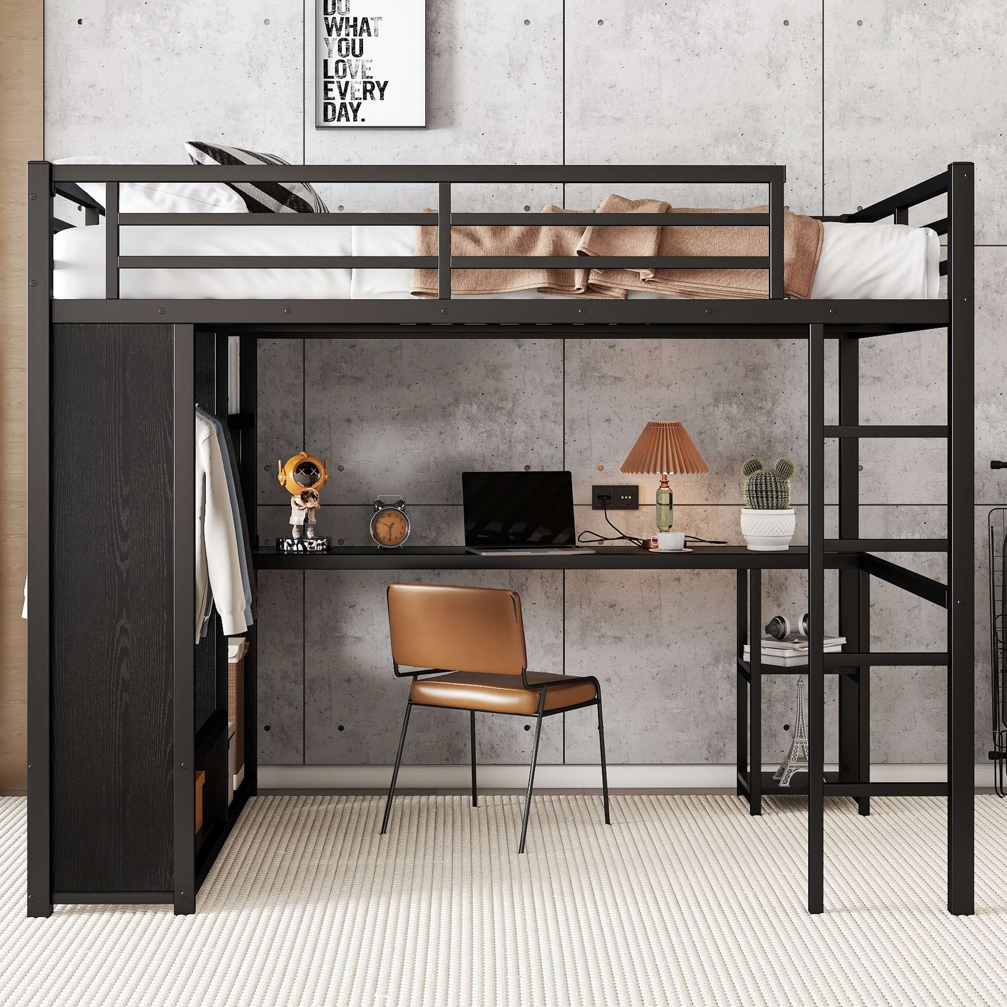 Queen Size Loft Bed Frame with Wardrobe Desk and Storage