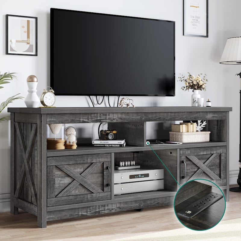 Farmhouse TV Stand for up to 65" TV with Doors and Open Shelves Media Console Power Outlet - 59 inches in width - Dark Oak