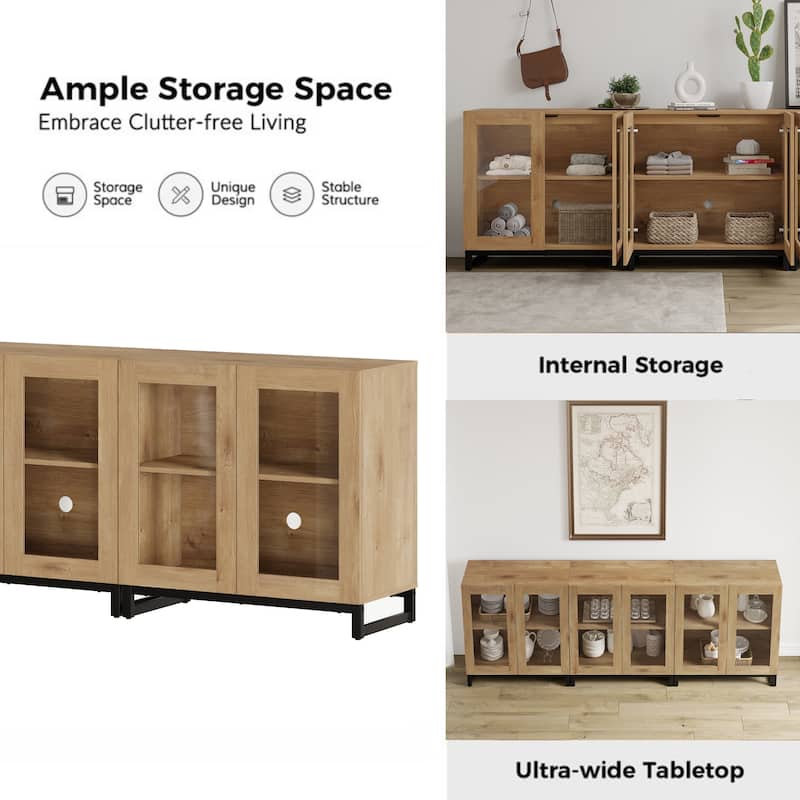 WAMPAT Modern TV Stand with Glass Doors for 110 inch TVs, Entertainment Center Console with Adjustable Shelves and Metal Base