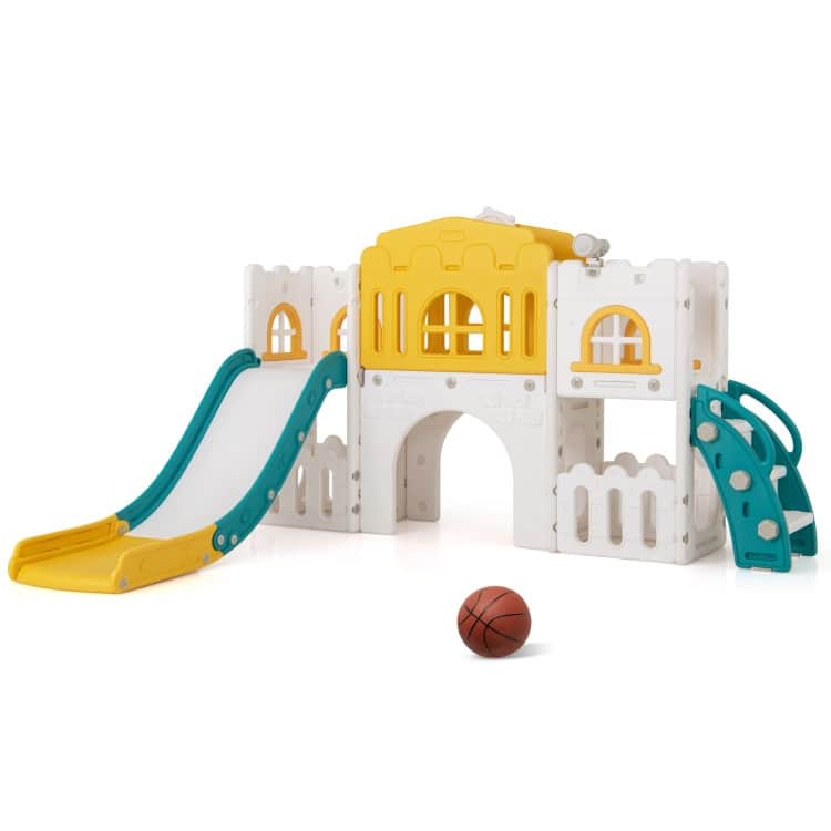Yellow-Green-White HDPE Kids Slide Set with Climber, Tunnel and Hoop - 69.5" x 70" x 40.5" (L x W x H)